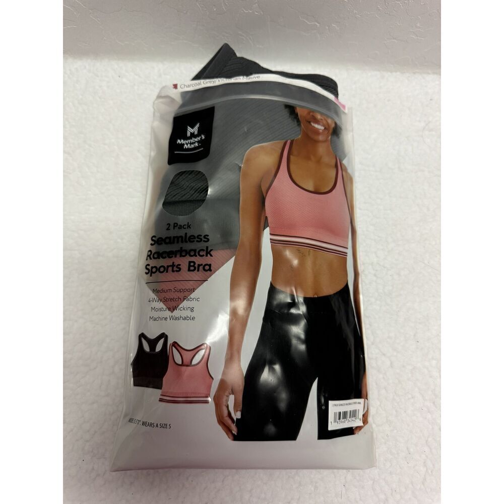 Members Mark Charcoal Grey Victorian Mauve Seamless Racerback Sports Bra Small‎